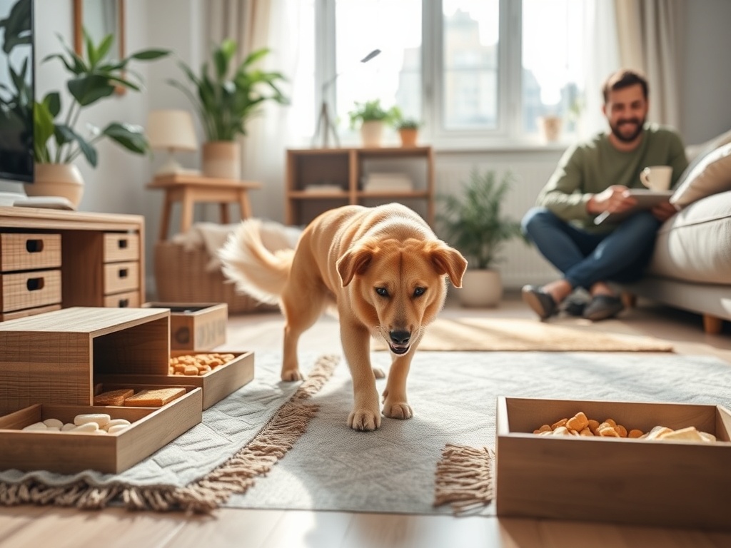 "A joyful dog sniffing adventurously around a cozy home setup, sniffing mats, scent boxes, and soft treats in a sunlit living room, owner smiling nearby."