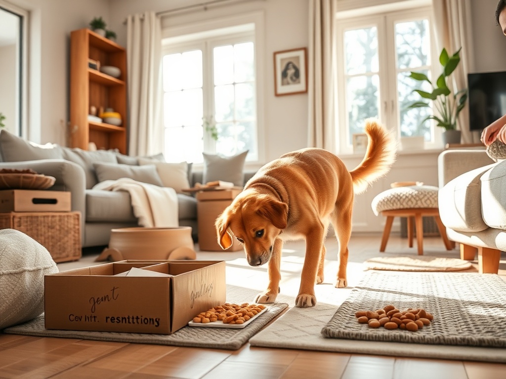 "A joyful dog sniffing adventurously around a cozy home setup, sniffing mats, scent boxes, and soft treats in a sunlit living room, owner smiling nearby."