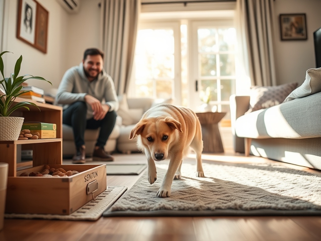 "A joyful dog sniffing adventurously around a cozy home setup, sniffing mats, scent boxes, and soft treats in a sunlit living room, owner smiling nearby."
