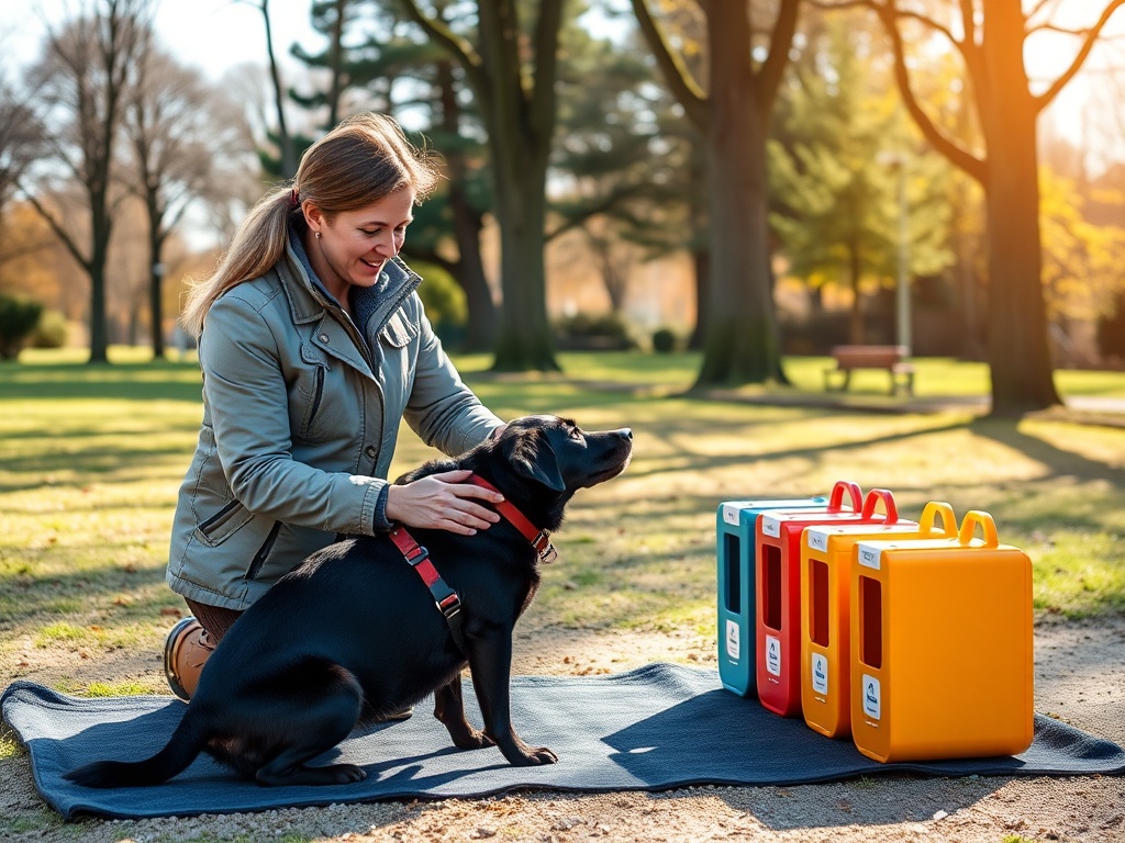 "A warm, inviting trainer in a sunny park guiding a dog through a playful sniffing challenge, with colorful scent boxes, a cozy mat, and suited owner and canine duo."