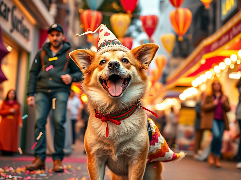 "A festive, vibrant street carnival scene with a joyful dog wearing a playful, safe costume, confetti, bright lights, and delighted owners nearby, in warm, welcoming colors."