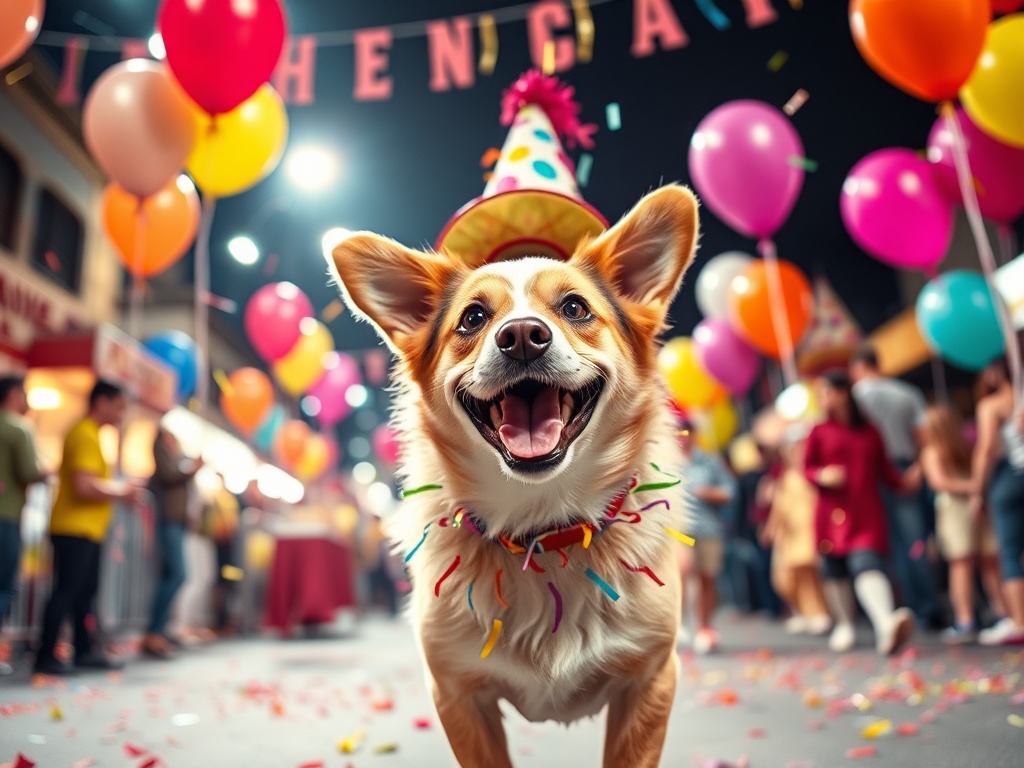 "A vibrant, humorous carnival scene with a joyful dog in a festive costume, confetti, and balloons, in a pet-friendly parade setting under bright lights."