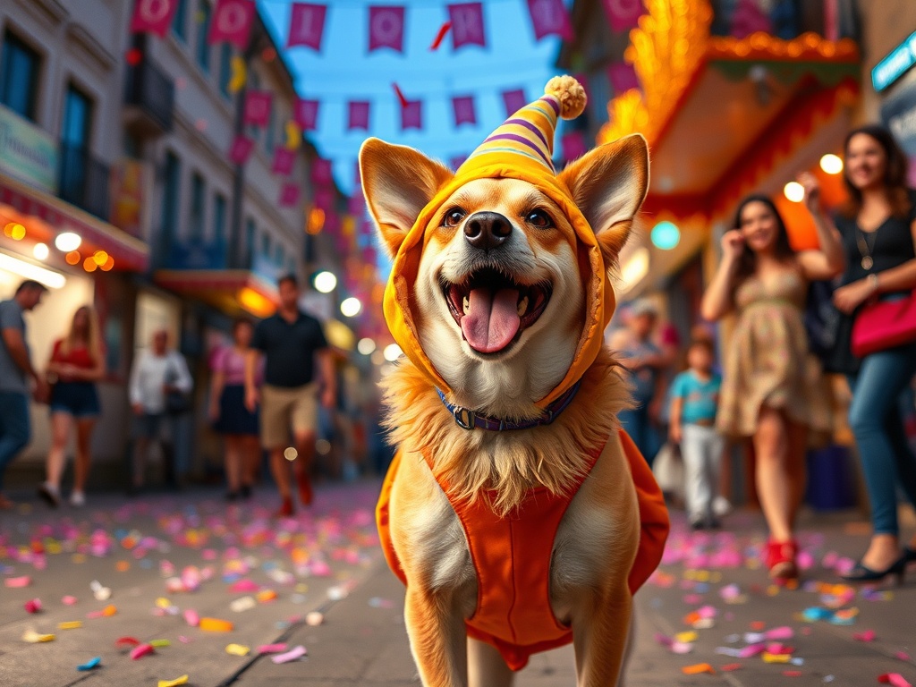 "A festive, vibrant street carnival scene with a joyful dog wearing a playful, safe costume, confetti, bright lights, and delighted owners nearby, in warm, welcoming colors."