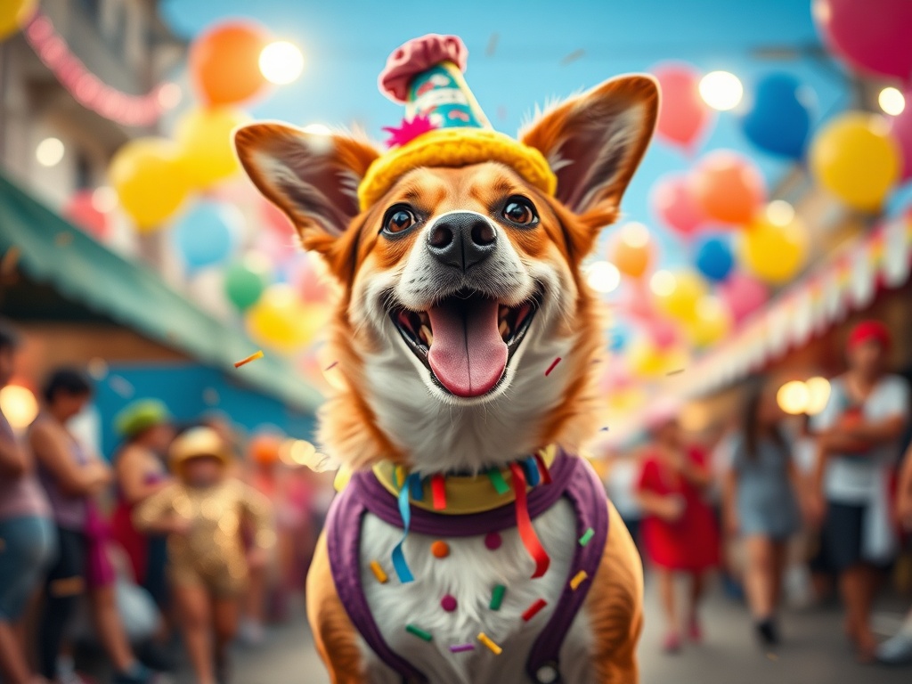 "A vibrant, humorous carnival scene with a joyful dog in a festive costume, confetti, and balloons, in a pet-friendly parade setting under bright lights."