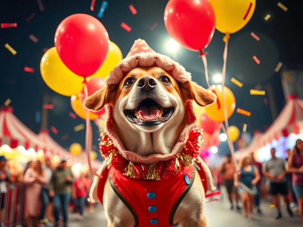 "A vibrant, humorous carnival scene with a joyful dog in a festive costume, confetti, and balloons, in a pet-friendly parade setting under bright lights."