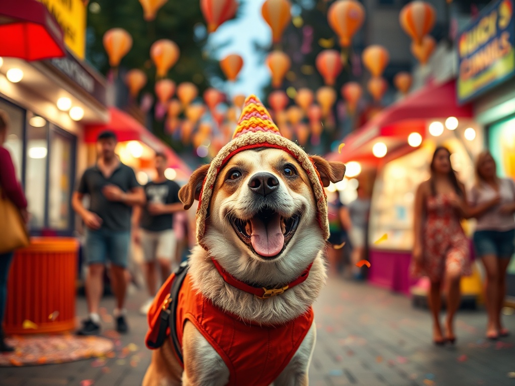 "A festive, vibrant street carnival scene with a joyful dog wearing a playful, safe costume, confetti, bright lights, and delighted owners nearby, in warm, welcoming colors."
