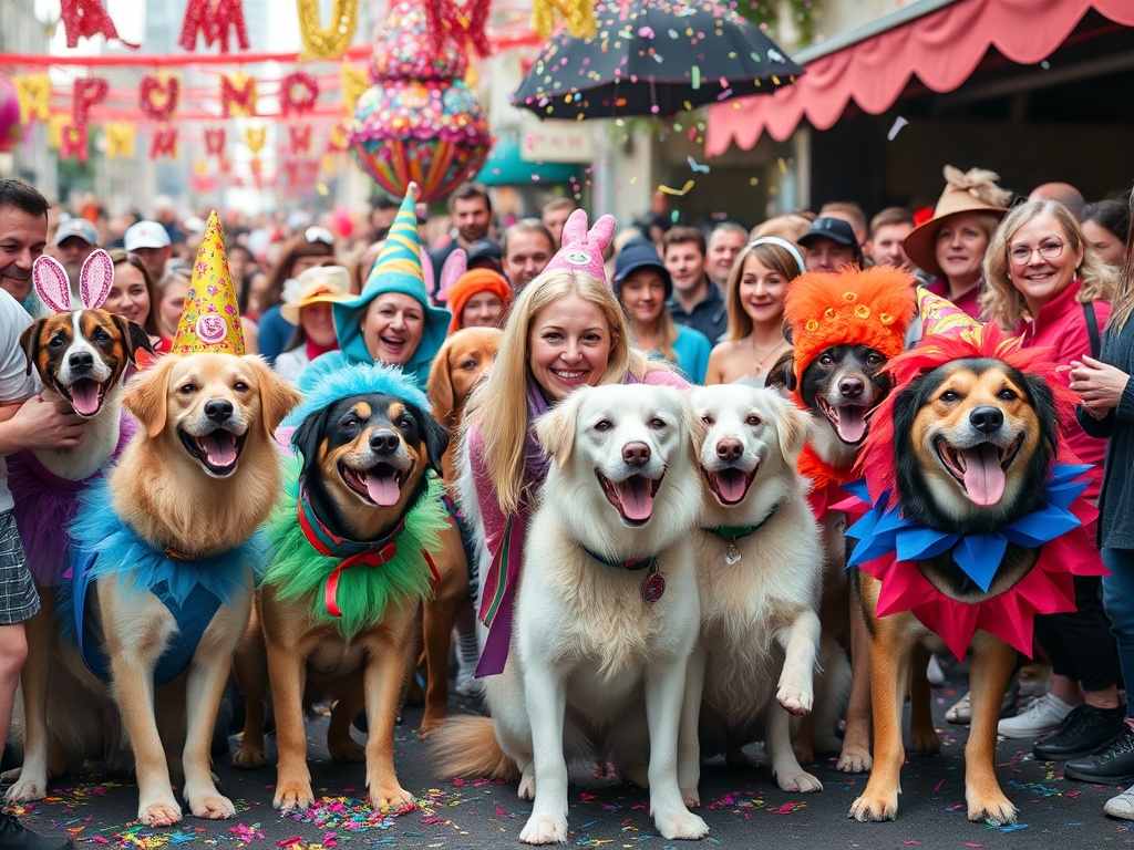 "A festive, vibrant carnival scene with diverse dogs in colorful costumes, confetti, playful owner entourage; warm welcome by a smiling trainer named Aida amidst cheering crowd."