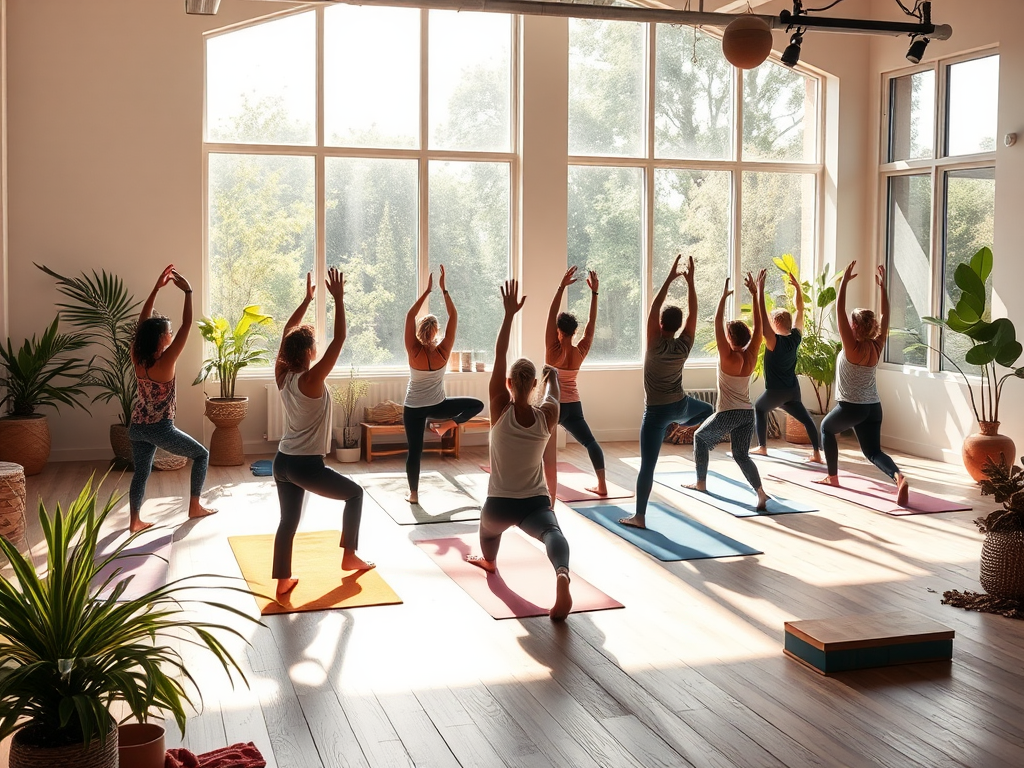 Een serene yogastudio met mensen die poses oefenen.