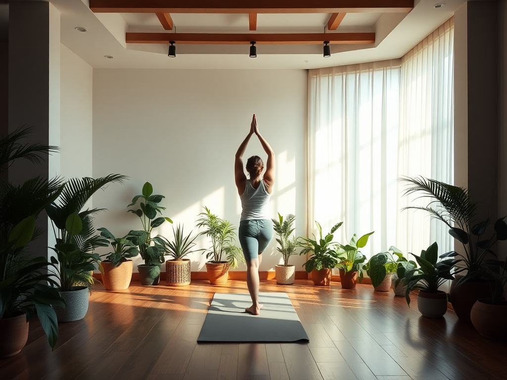 Een rustige yogastudio met planten en een persoon die yoga doet.