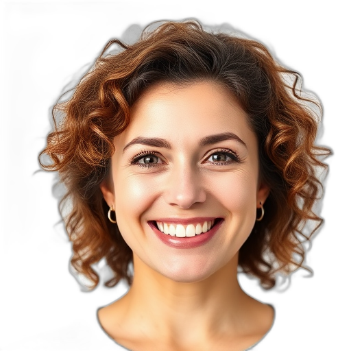 Een persoon met krullend haar glimlacht naar de camera.