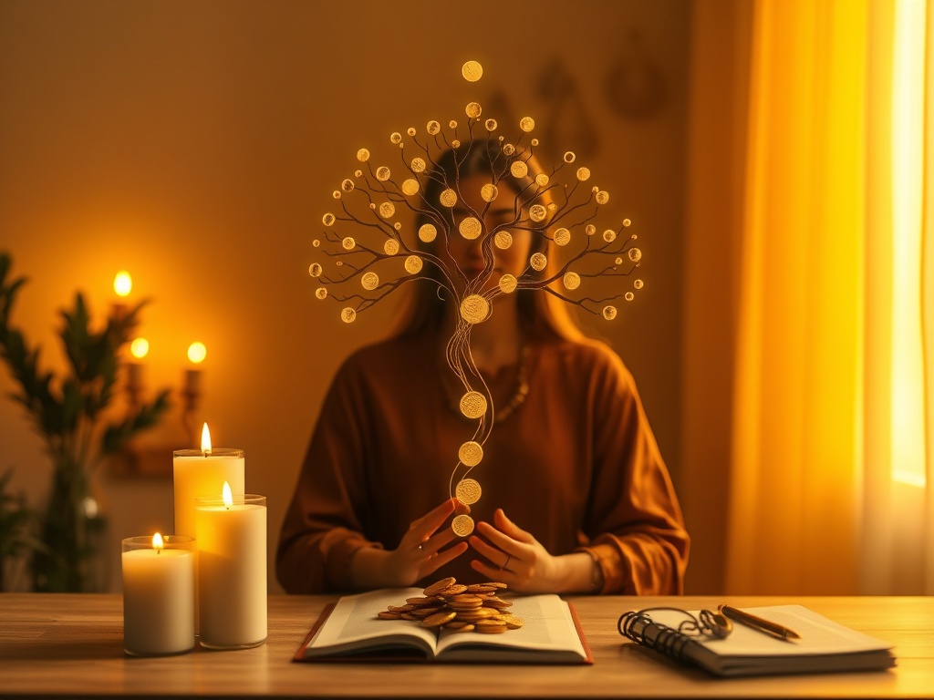 "serene ancestral healer" "warm golden light" "woman performing ritual with crystals and candles" "family tree silhouettes glowing" "flowing coins turning into light" "calm modern workspace with notebooks" "ethereal atmosphere, soft focus, healing energy"