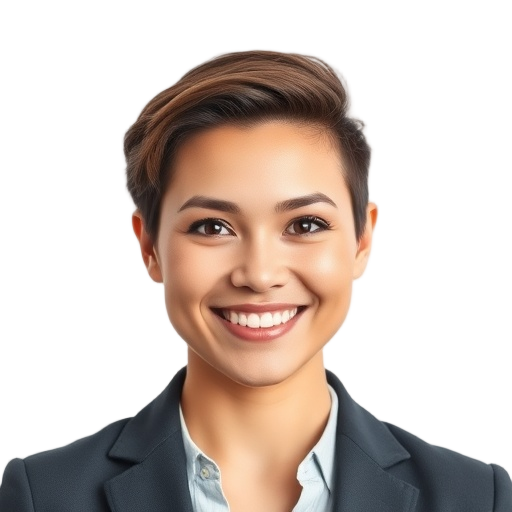 A person smiling to the camera with a white background looking like