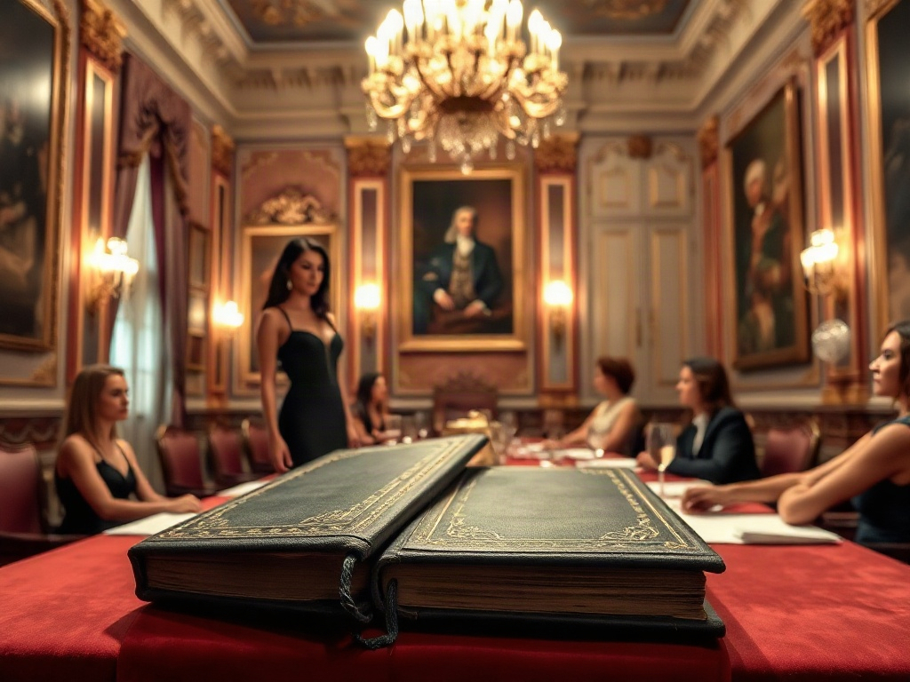 "opulent candlelit palace hall" "elegant women in evening attire" "two leather-bound books on velvet" "warm VIP portraits backdrop" "intimate seated dinner table"