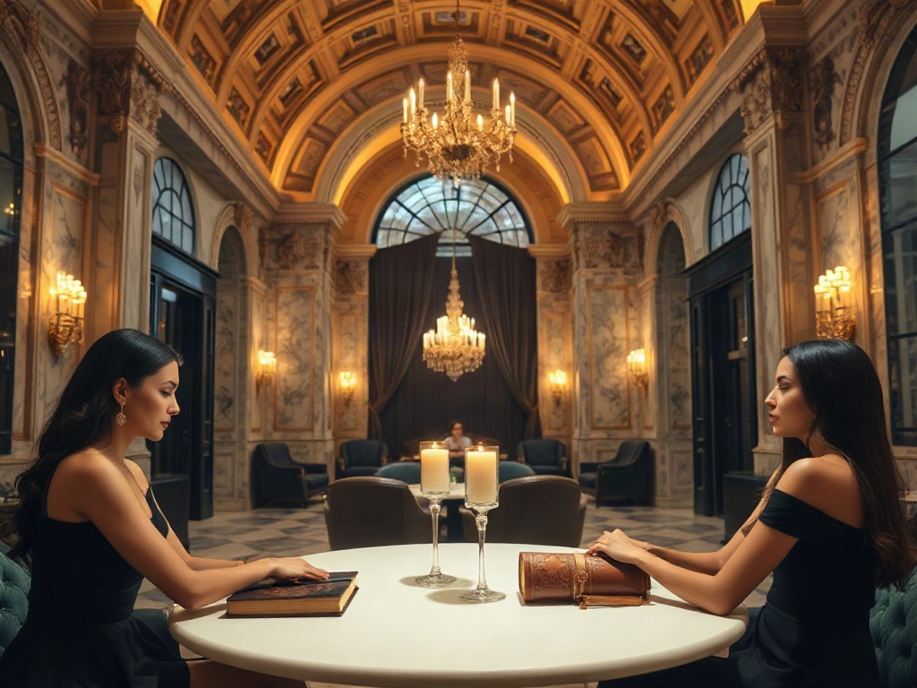 "An elegant VIP lounge inside a grand palace hall" "golden candlelight" "marble arches" "women in evening attire" "two elegant leather books" "seated dinner table" "warm exclusive atmosphere"