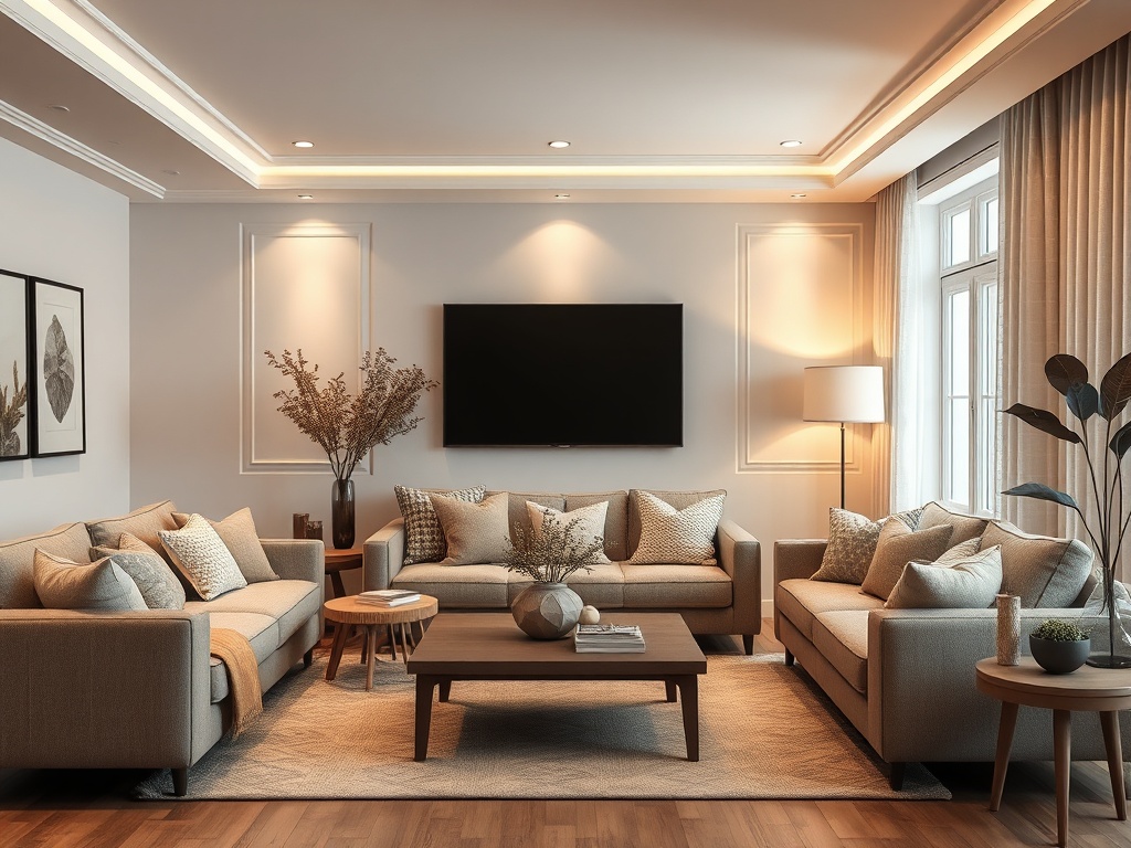 "A cozy living room scene with soft, neutral tones, textured fabrics, and layered lighting; a calm, timeless interior showcasing balanced colors and functional zones."