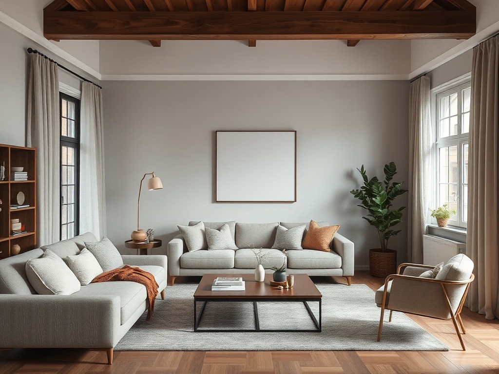 "A cozy living room scene with soft, neutral tones, textured fabrics, and layered lighting; a calm, timeless interior showcasing balanced colors and functional zones."