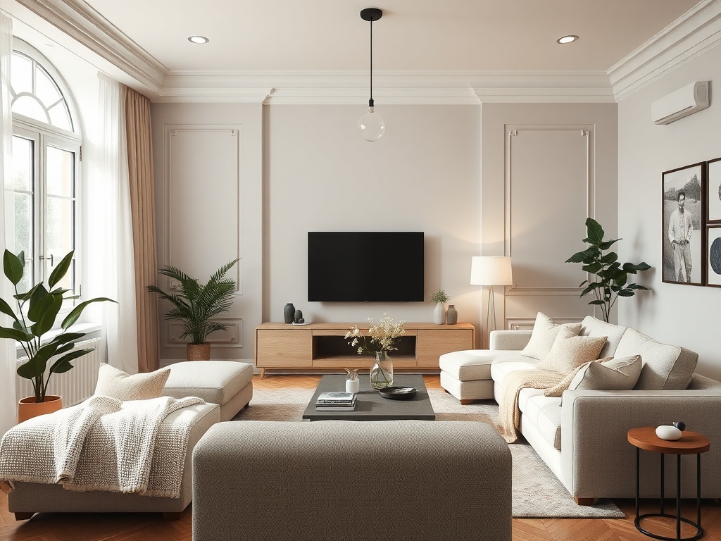 "A cozy living room scene with soft, neutral tones, textured fabrics, and layered lighting; a calm, timeless interior showcasing balanced colors and functional zones."