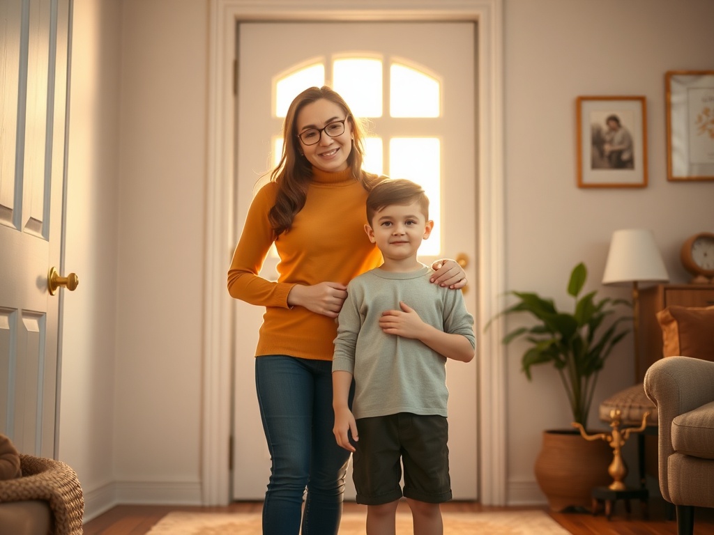 "A nurturing parent and confident child standing together, bright doorway, warm light, cozy home setting, subtle tools like a breathing card and a small victory trophy, supportive atmosphere."