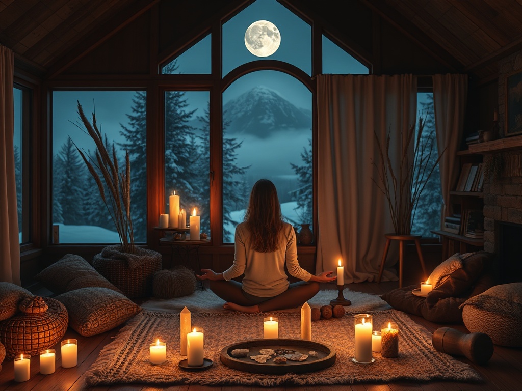 "A cozy, moonlit Nordic interior; a woman seated in meditation by a candlelit ritual space, warm blankets, crystals, symbols, and a soft glow of inner light." You MAY only use up to 25 words.