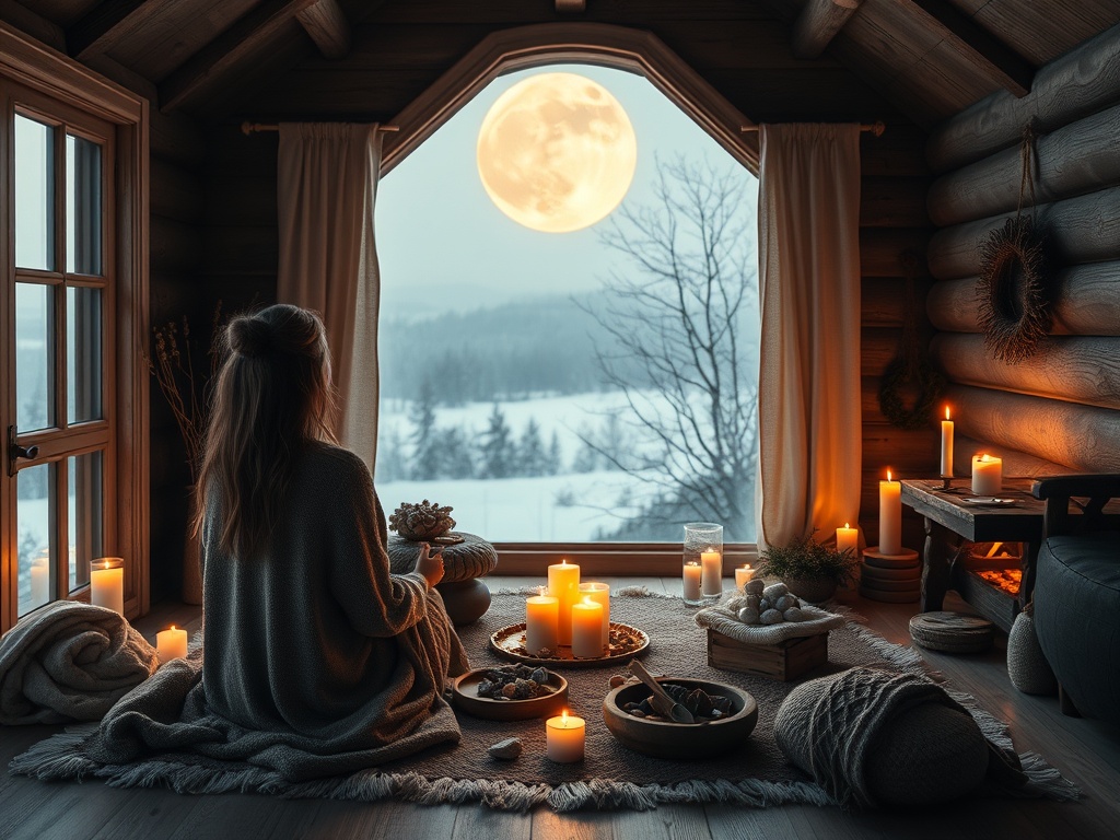 "A cozy, moonlit Nordic interior; a woman seated in meditation by a candlelit ritual space, warm blankets, crystals, symbols, and a soft glow of inner light." You MAY only use up to 25 words.