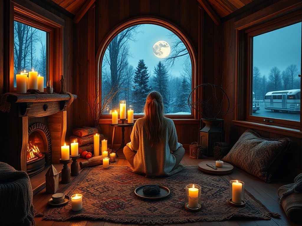 "A cozy, moonlit Nordic interior; a woman seated in meditation by a candlelit ritual space, warm blankets, crystals, symbols, and a soft glow of inner light." You MAY only use up to 25 words.