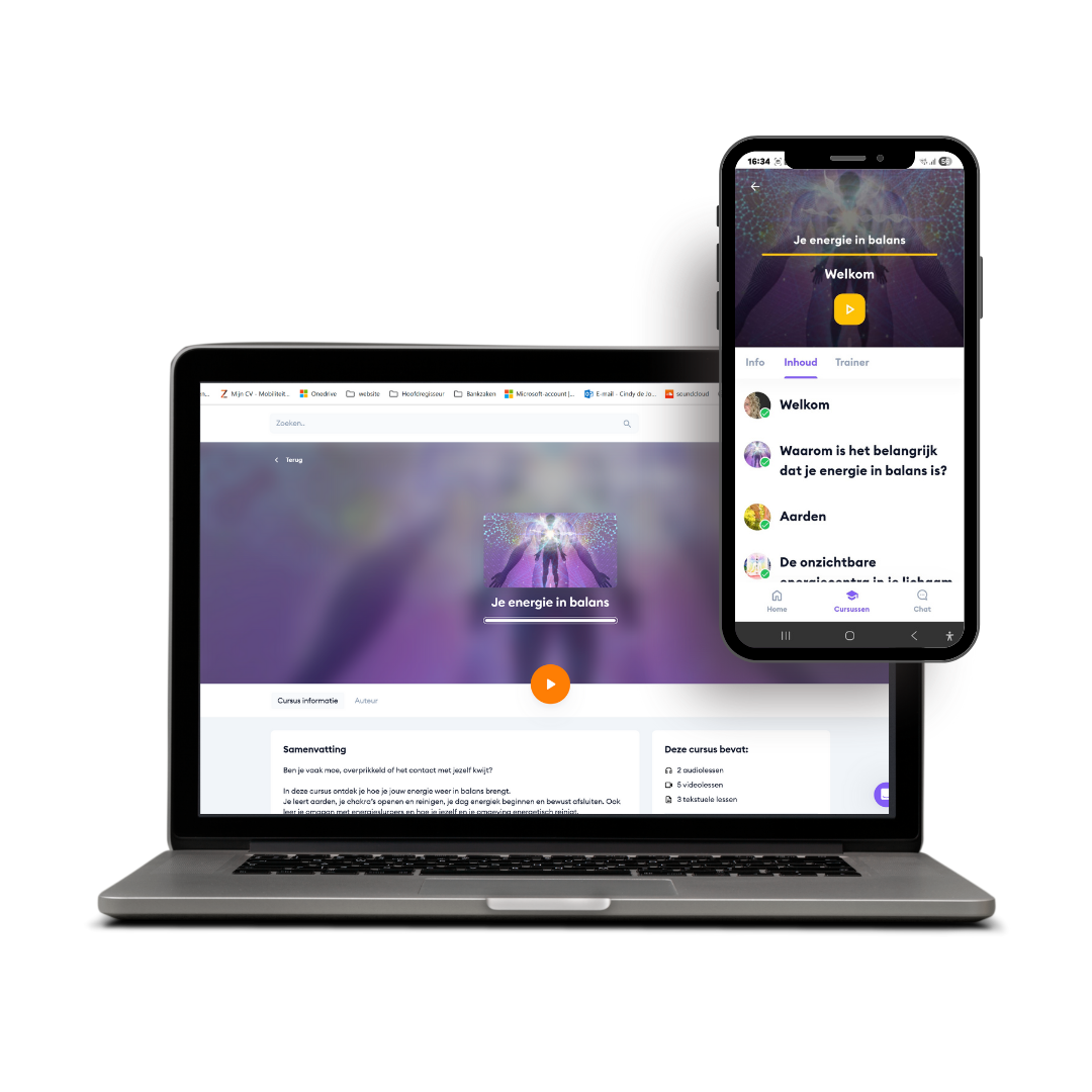 Laptop en smartphone met de online cursus Je energie in balans, een cursus van Hoofdregisseur over bewust omgaan met je energie.