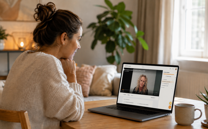 vrouw kijkend naar een laptopscherm waarop de cursus zelfverzekerd van Hoofdregisseur te zien is met een video waarin Cindy uitleg geeft