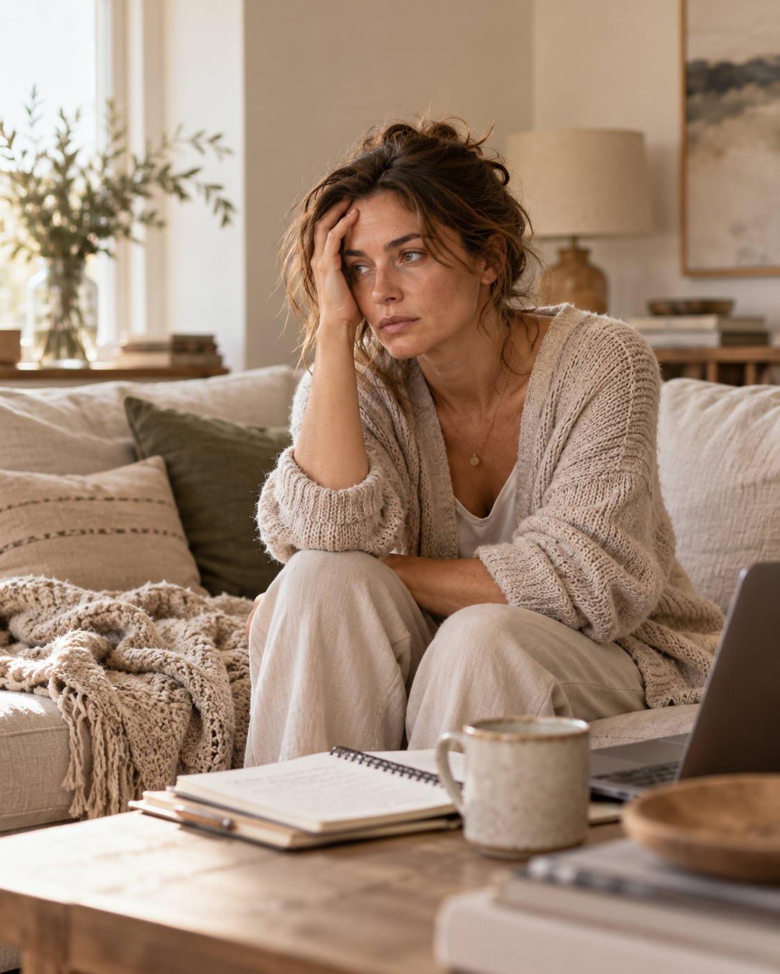 Vermoeide vrouw zit peinzend op een bank in een rustige woonkamer, met haar hand tegen haar hoofd, terwijl een laptop en notitieboek op tafel staan.