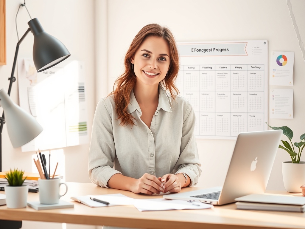 "A confident woman entrepreneur organizing a bright, clutter-free desk with a visible, simple progress board, serene workspace, soft morning light, calm colors, subtle icons for planning, energy routines, and templates."