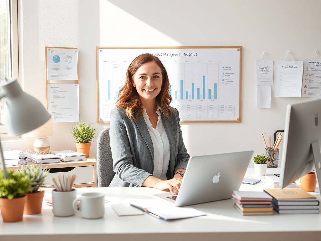 "A confident woman entrepreneur organizing a bright, clutter-free desk with a visible, simple progress board, serene workspace, soft morning light, calm colors, subtle icons for planning, energy routines, and templates."