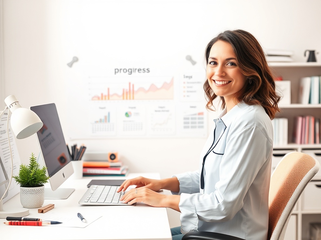"A confident woman entrepreneur organizing a bright, clutter-free desk with a visible, simple progress board, serene workspace, soft morning light, calm colors, subtle icons for planning, energy routines, and templates."