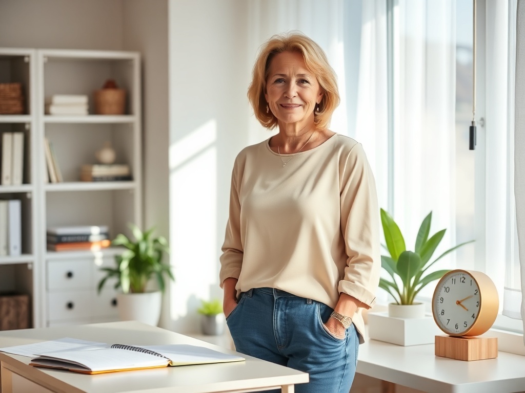"A calm, confident woman 45+ standing in a serene, sunlit home office, a tidy desk with minimalist planners and a simple, elegant clock, soft pastel colors, sense of restored order and purpose."