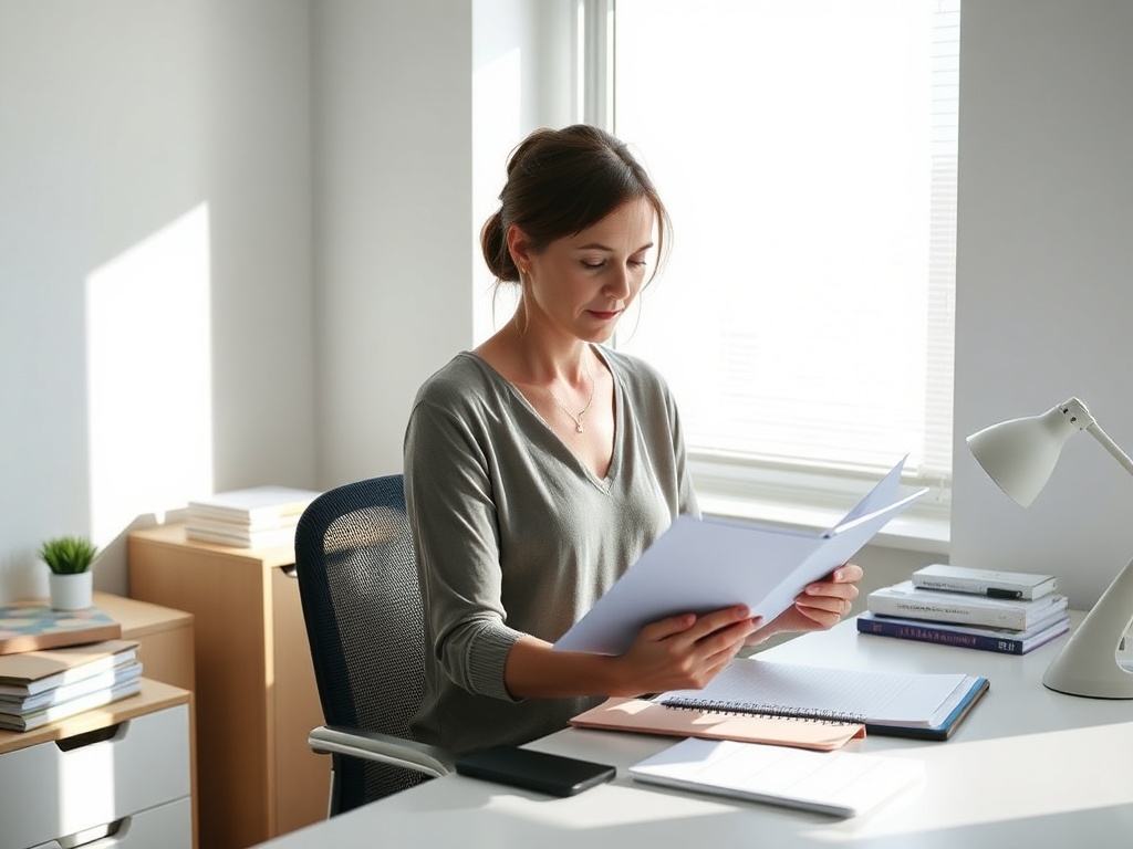 "A calm, powerful scene shows a focused woman 45+ organizing a sunlit desk with clean lines, a planner, and soft shadows; balance, order, and quiet productivity."