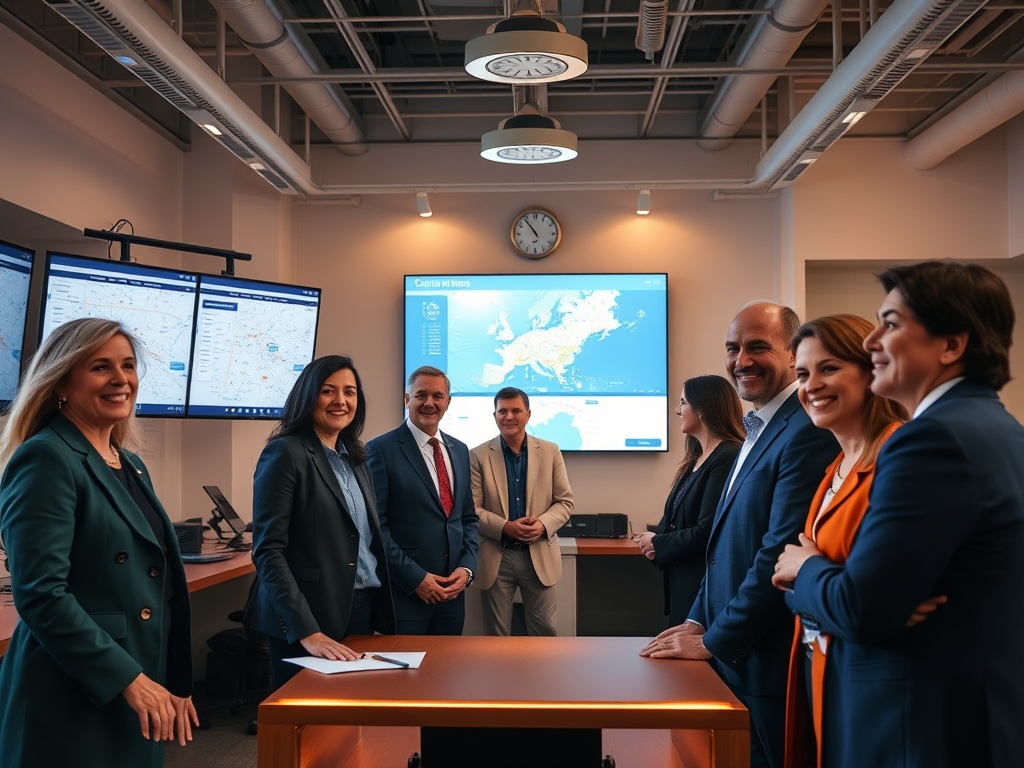 "A vibrant, diverse group of politicians in a modern campaign hub, planning with screens showing city maps, timelines, and a lit stage, confident expressions."