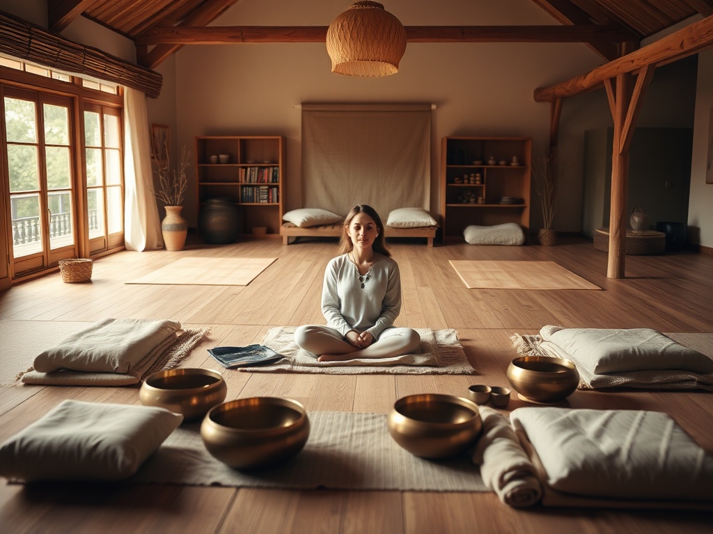 "A serene studio in Ede, warm tones, soft mats and blankets, a calm woman on a cushion surrounded by singing bowls, gentle light, peaceful atmosphere."