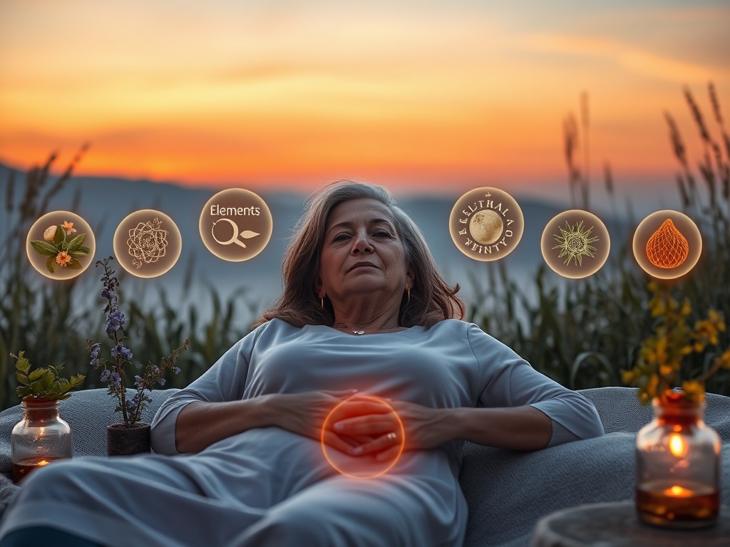 A serene, empowered woman in her late 40s to 50s resting peacefully at dusk, surrounded by five glowing orbs labeled elements, herbal pots, and a soft hypnosis-in-progress motif in the background.