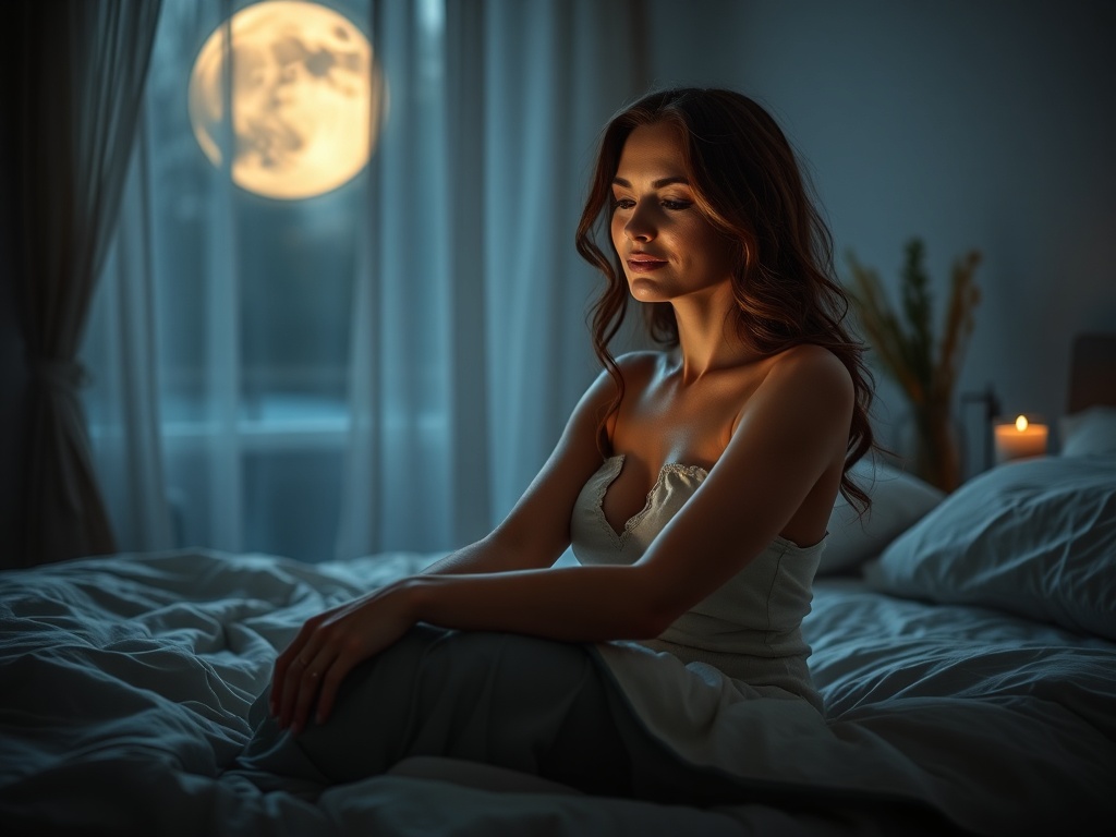 "A serene, moonlit bedroom scene with a graceful woman in midlife, surrounded by elements of wood, fire, earth, metal, and water, gentle powders of herbs, and a soft, hypnotic glow; calming, empowering atmosphere."