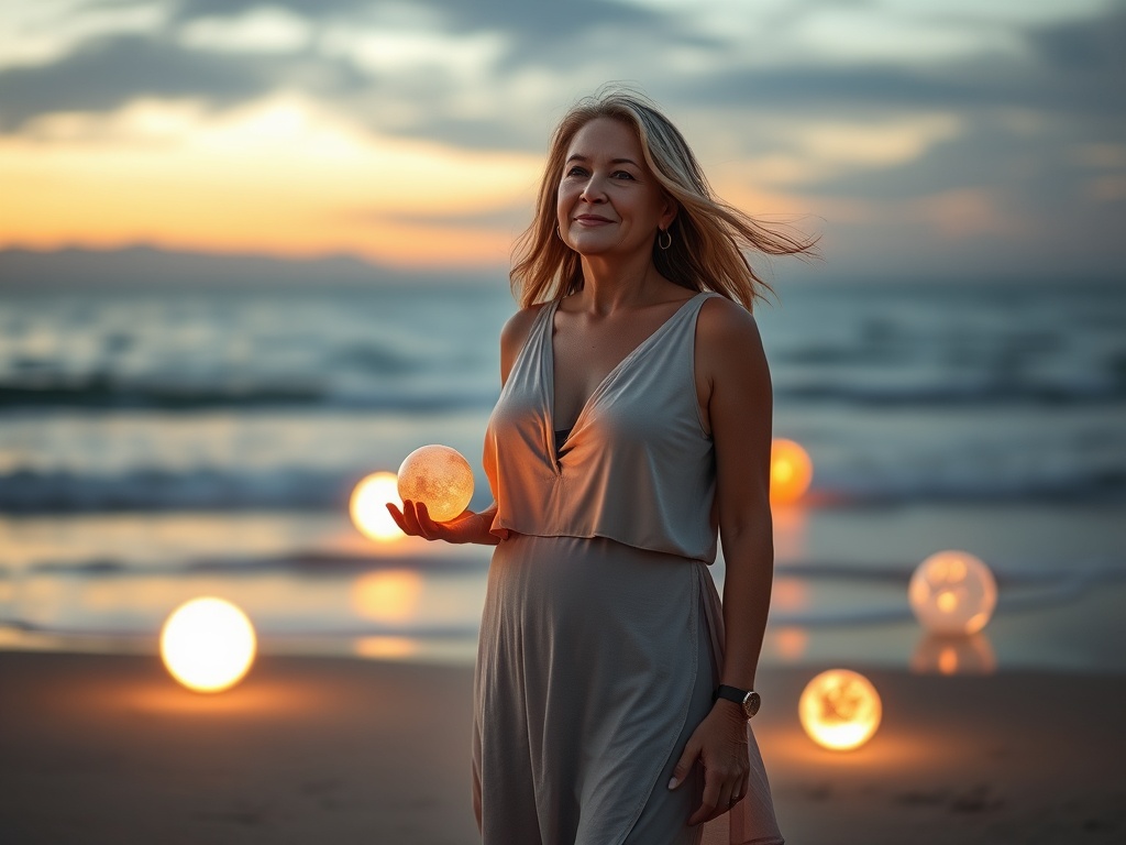 "A powerful, serene woman in midlife stands on a tranquil beach at twilight, five glowing orbs representing wood, fire, earth, metal, water surrounding her, soft wind, calm sea, warm earthy tones, subtle mystic lighting, no brands."