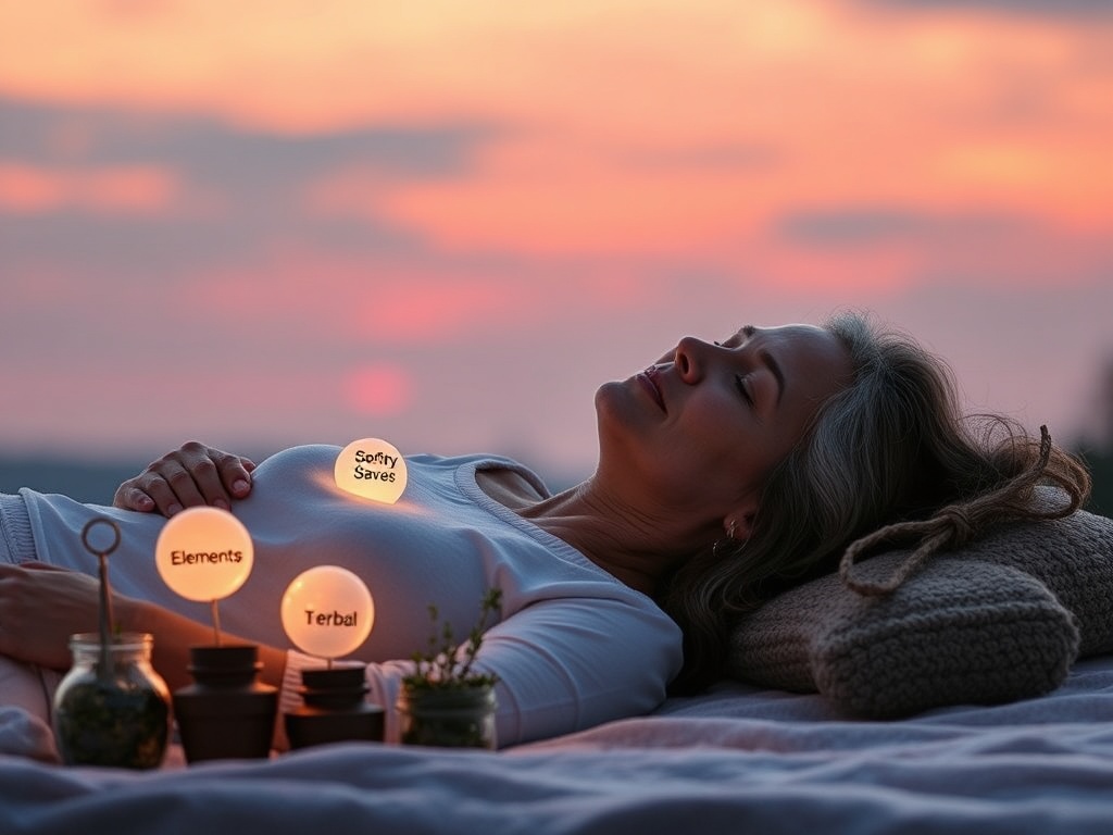 A serene, empowered woman in her late 40s to 50s resting peacefully at dusk, surrounded by five glowing orbs labeled elements, herbal pots, and a soft hypnosis-in-progress motif in the background.