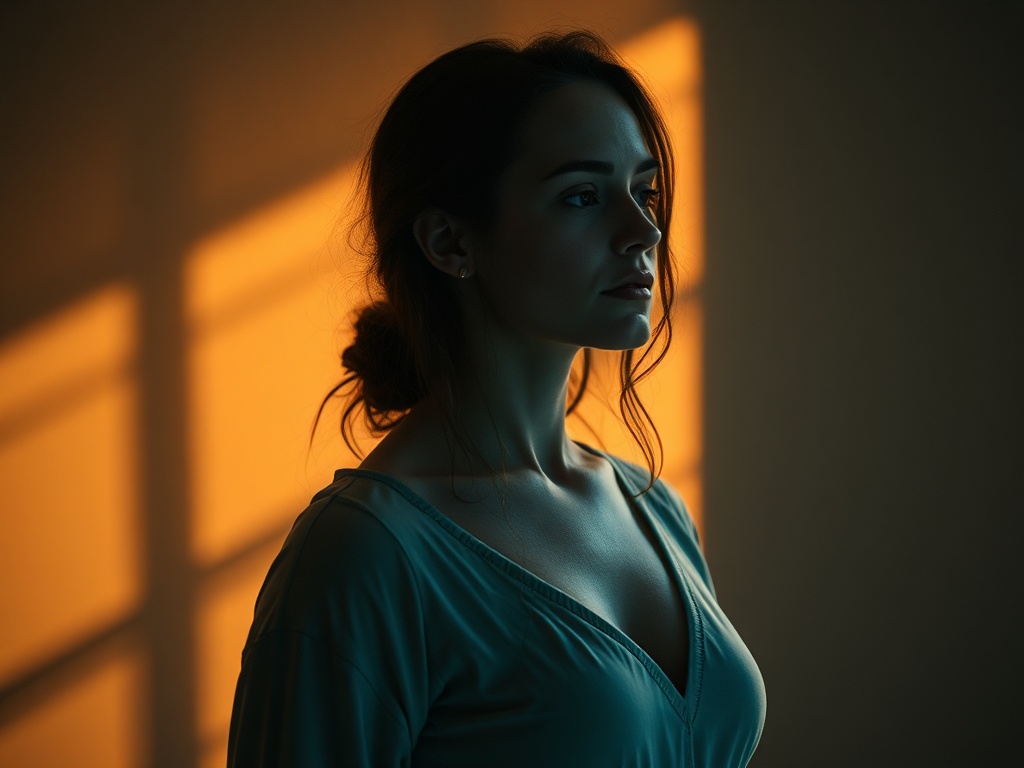 "A serene woman in transitional light, balanced elements—wood, fire, earth, metal, water—surrounding her, soft night glow, calm mind, subtle waistline symbolism, dreamy herbs and a gentle sleep hypnosis motif."