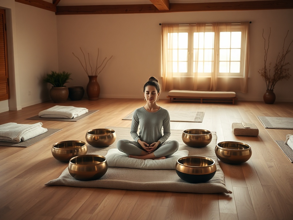 "A serene studio in Ede, warm tones, soft mats and blankets, a calm woman on a cushion surrounded by singing bowls, gentle light, peaceful atmosphere."