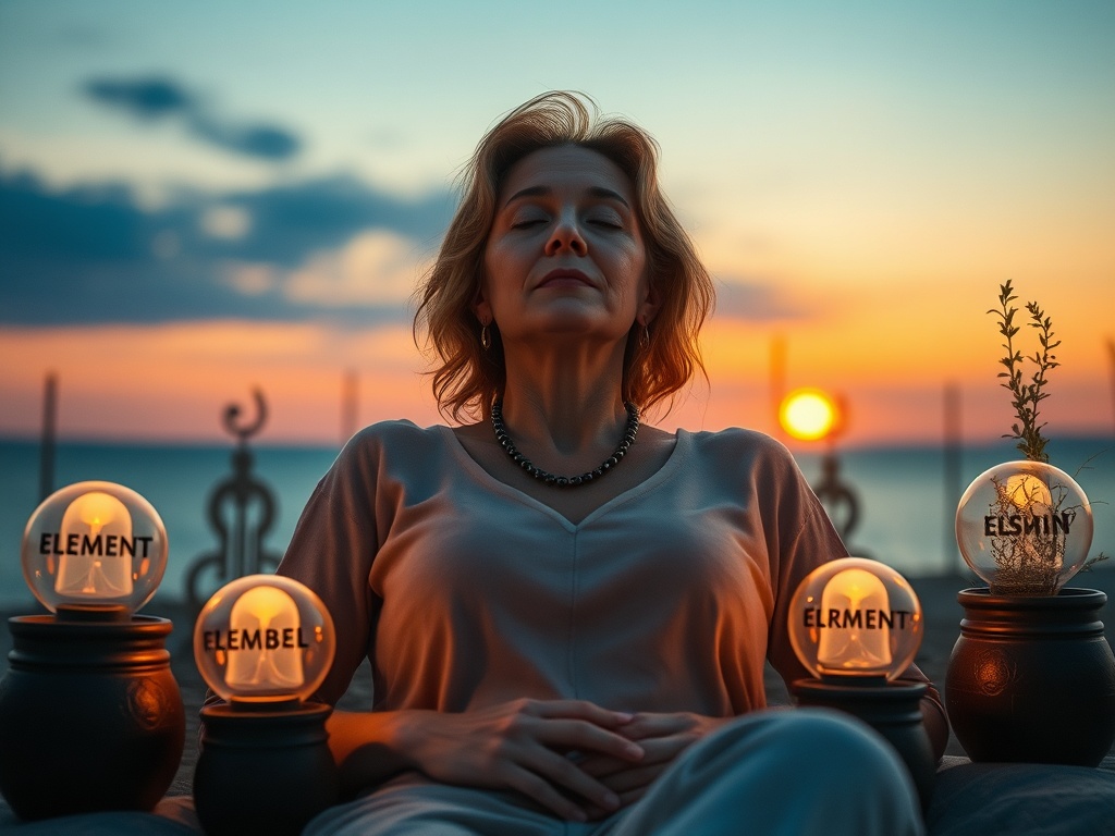 A serene, empowered woman in her late 40s to 50s resting peacefully at dusk, surrounded by five glowing orbs labeled elements, herbal pots, and a soft hypnosis-in-progress motif in the background.