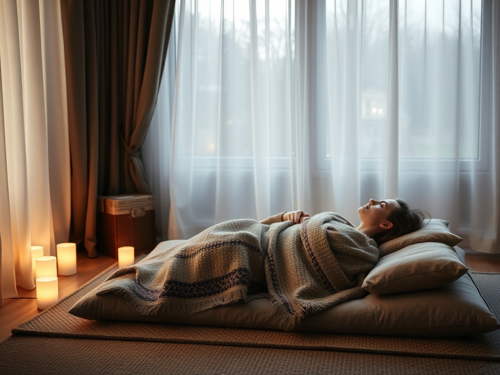 "A serene, softly lit room in Ede, a woman peacefully resting on a cushioned mat, warm shawl, gentle Klangschalen glow, inviting atmosphere, subtle waves of sound, cozy, safe"