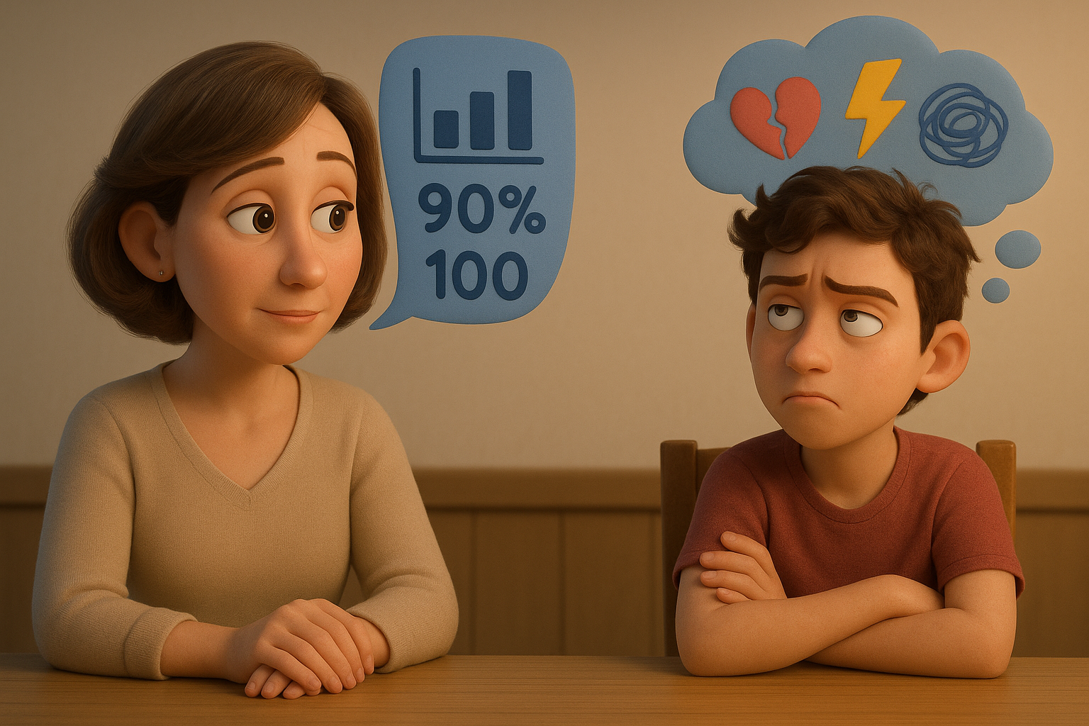 Ouder en puber aan tafel; ouder wijst op lijstje met feiten, terwijl puber nog in zijn emoties zit