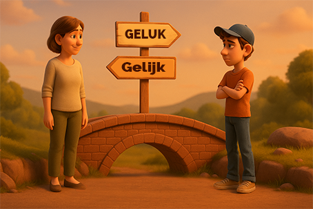 Ouder kiest pad richting bordje ‘Geluk’, puber kijkt nieuwsgierig mee.