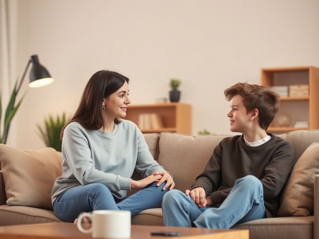 A warm, modern living room scene showing a calm parent and teenage child in a relaxed, respectful conversation; soft lighting, gentle colors, subtle body language conveying listening and connection.