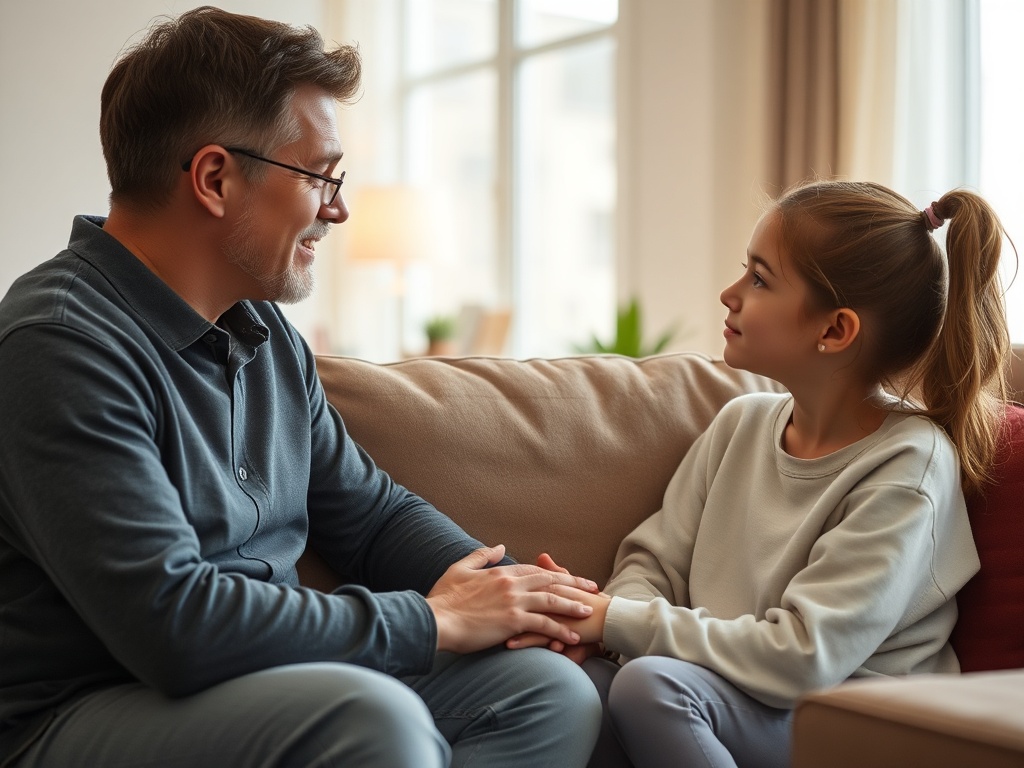 A warm, modern living room scene showing a calm parent and teenage child in a relaxed, respectful conversation; soft lighting, gentle colors, subtle body language conveying listening and connection.