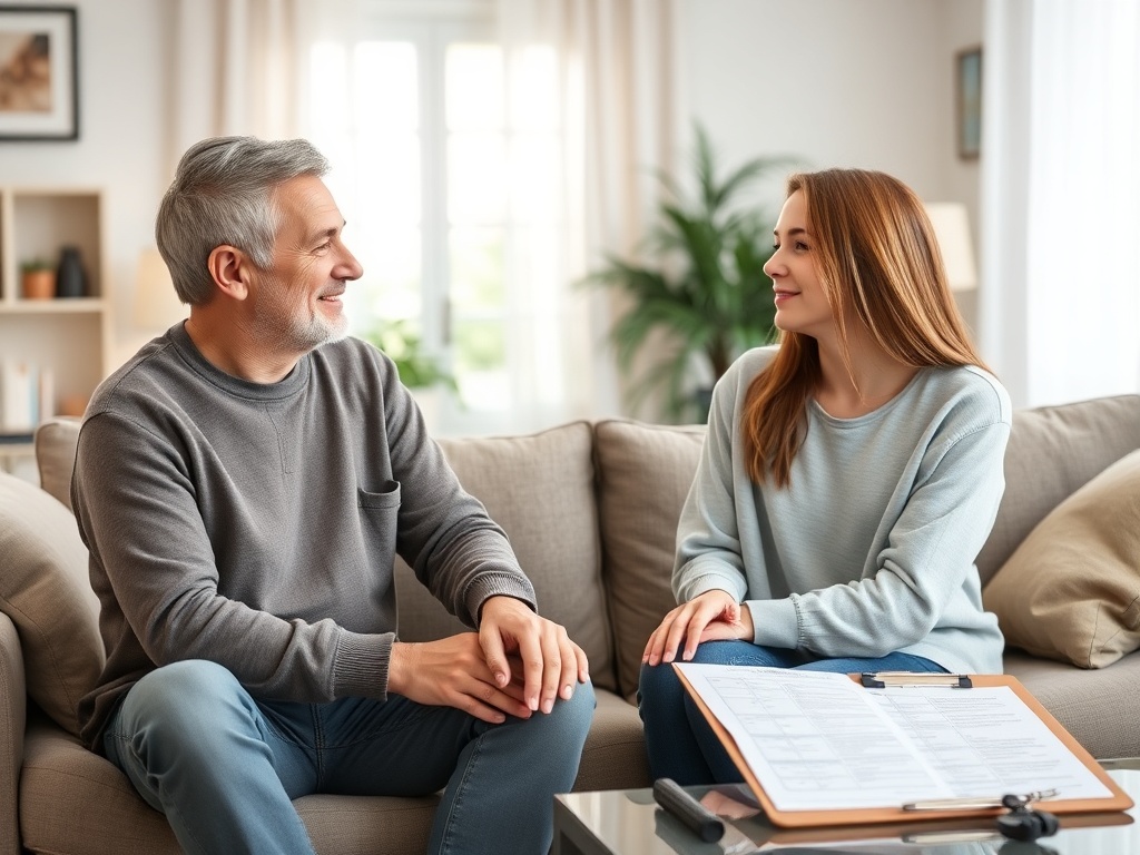 A calm parent and teenager sit facing each other in a cozy living room, soft lighting, open body language, gentle smiles, a clipboard with a plan nearby.