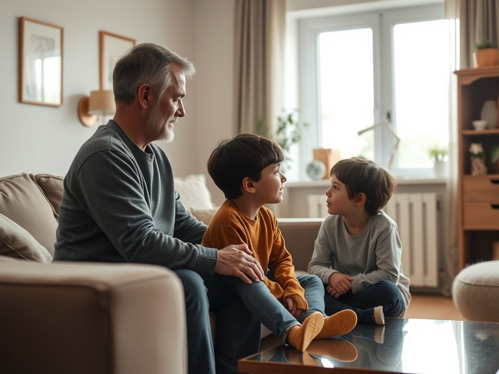 A warm, modern living room scene showing a calm parent and teenage child in a relaxed, respectful conversation; soft lighting, gentle colors, subtle body language conveying listening and connection.
