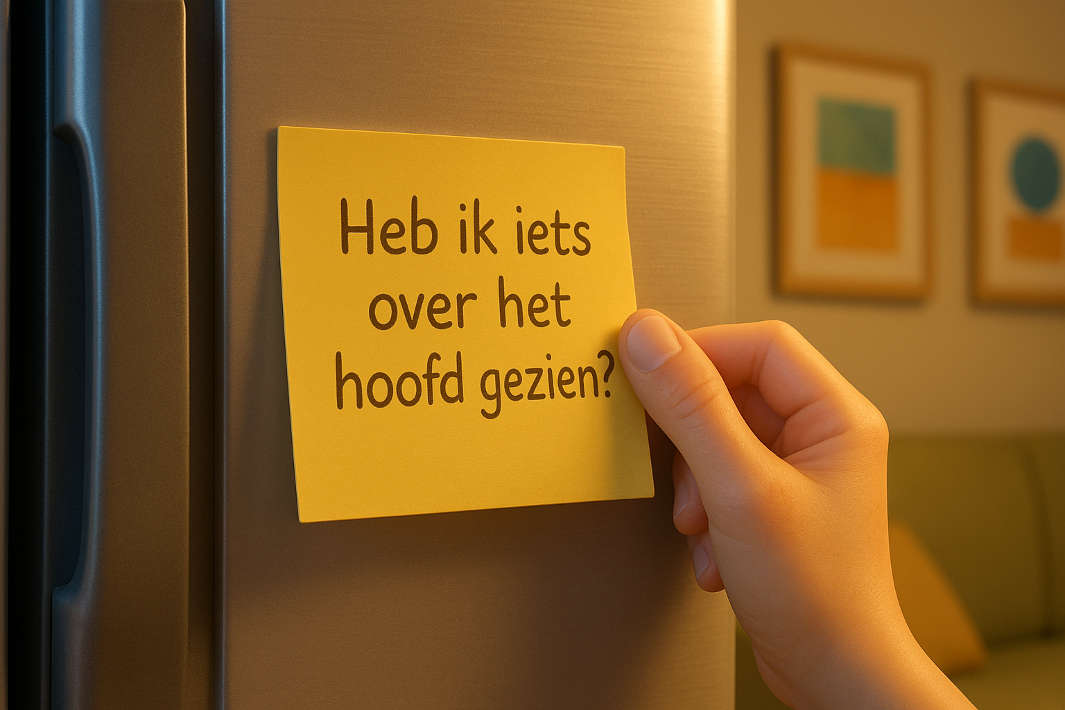Close-up van hand die gele post-it met ‘Heb ik iets over het hoofd gezien?’ ophangt